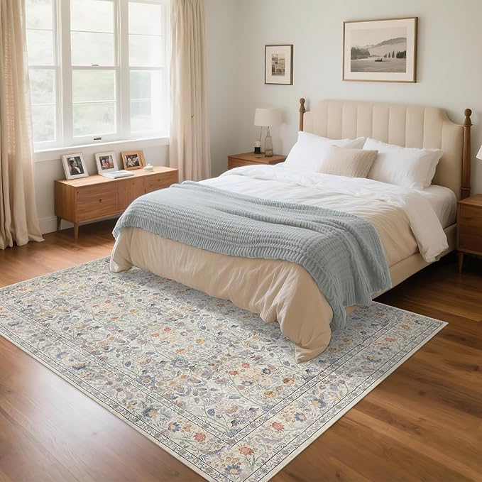 Washable Living Room Rug: 5x7 Boho Floral Soft Area Rug for Bedroom Decor - Vintage Low Pile Thin Carpet for Dining Room Non-Slip - Farmhouse Stain Resistant Rugs - Beige Blue
