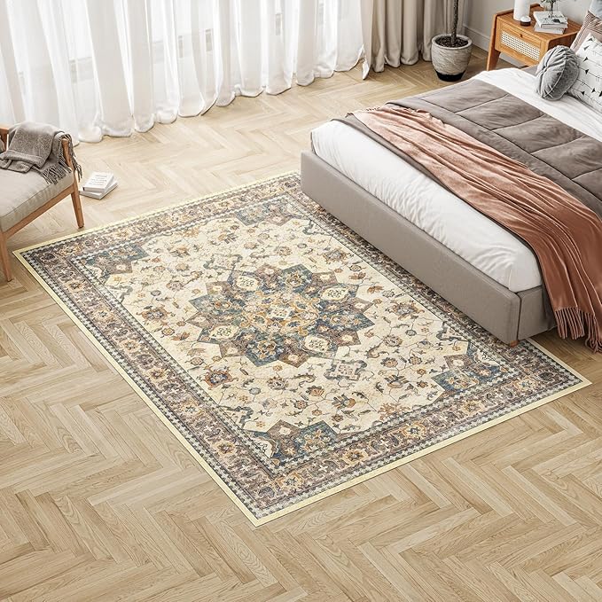 Dripex Vintage 5x7 Area Rugs -Large Washable Area Rug for Living Room Bedroom Oriental Medallion Floral Print Floor Carpet Low-Pile Indoor Soft Non-Slip Accent Rug Farmhouse Home Office Decor