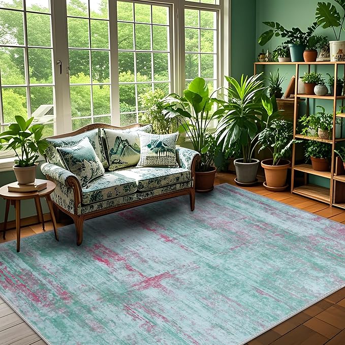 8x10 Abstract Area Rugs for Living Room, Modern Washable Indoor Rug for Bedroom, Thin Soft Large Non-Slip Carpet for Dining Room Home Office Farmhouse Decor - Abstract Green Red