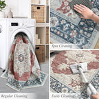 9X12 Washable Vintage Area Rug Boho Chic Medallion Distressed Design Non-Shedding Easy Care Ideal for High Traffic Areas in Living Room Bedroom Office Large Carpet (Brick/Beige, 9x12)
