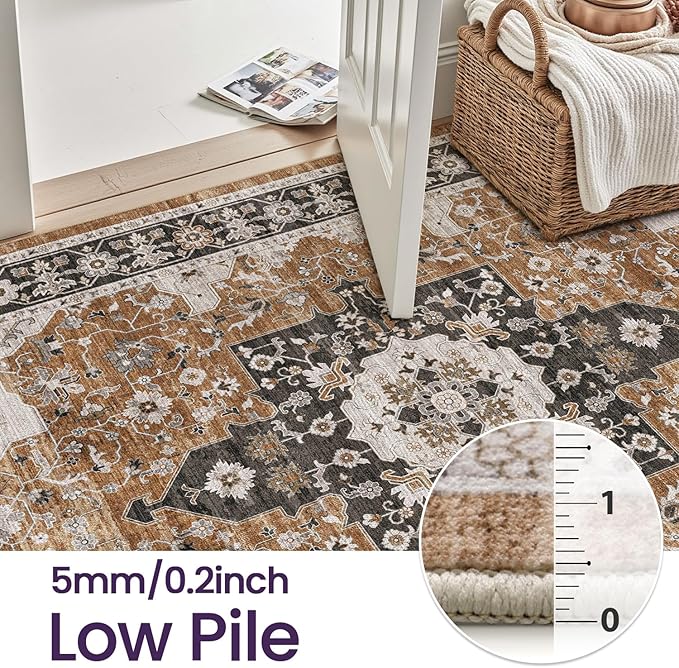 DEXI 5x8 Area Rug for Living Room, Washable Vintage Farmhouse Thin Rug Indoor Floor, Non Slip Stain Resistant Low Pile Carpet for Dining Room Bedroom Office, Brown