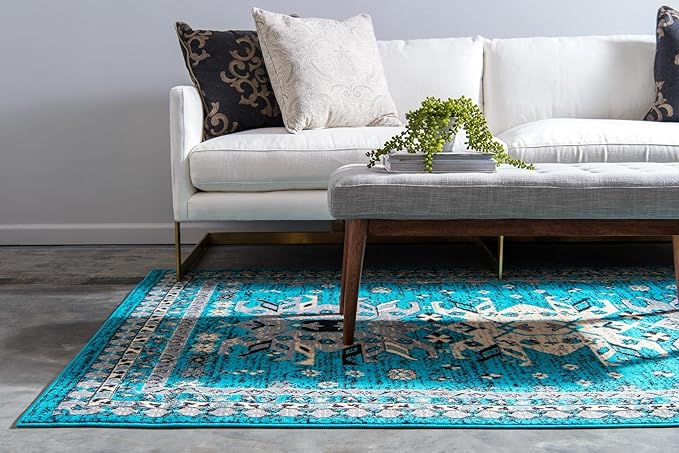 Unique Loom Taftan Collection Border Geometric Tribal Inspired Design Area Rug (2' 2 x 3' 0 Rectangular, Turquoise/ Gray)