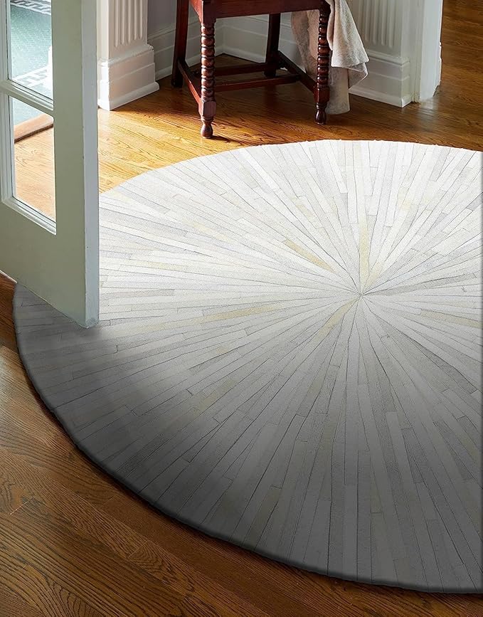 Faux Cowhide Round Area Rug | Non-Slip Leather Floor Carpet for Living Room, Bedroom, and Home Décor | Modern Stylish Accent Rug(White_4x4)