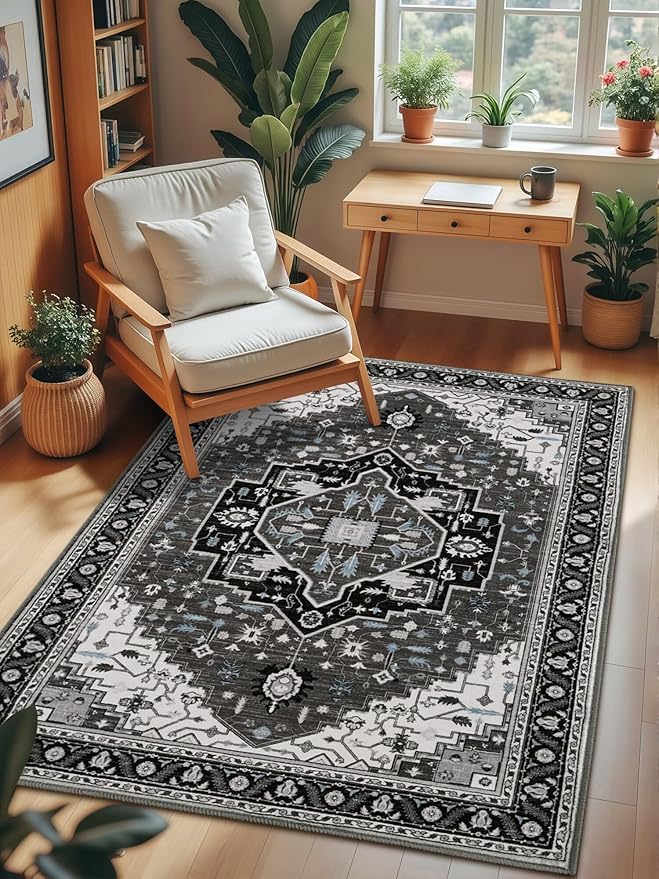 3x5 Black Grey Area Rug for Living Room, Machine Washable Rugs with Non-Slip Backing for Bedroom, Vintage Medallion Carpet Kitchen Laundry Kids Room Decor