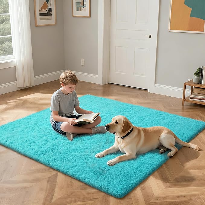 Teal Blue Rug Fluffy Rug, 9x12 Teal Area Rugs for Living Room, Soft Cute Baby Play Mat, Teal Rugs for Bedroom, Nursery, Preppy Dorm, Plush Aesthetic