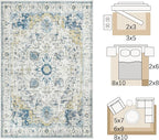 jinchan Area Rug 8x10 Washable Living Room Rug Vintage Indoor Large Floor Cover Distressed Lightweight Non-Slip Low Pile Thin Mat Stain Resistant Carpet for Bedroom Dining Room Office Light Blue