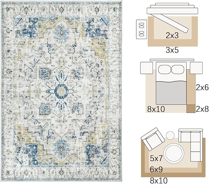 jinchan Area Rug 8x10 Washable Living Room Rug Vintage Indoor Large Floor Cover Distressed Lightweight Non-Slip Low Pile Thin Mat Stain Resistant Carpet for Bedroom Dining Room Office Light Blue