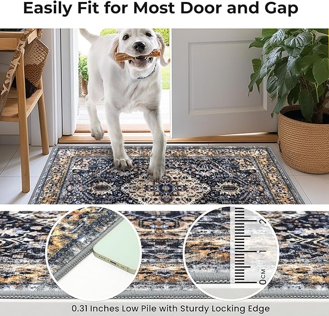 KOZYFLY Runners for Hallways 2x8 Ft Washable Kitchen Runner Rug Boho Runner Rug for Entryway Indoor Gold Navy Printed Oriental Faux Wool Floor Carpet Runner for Bedroom Kitchen Hall