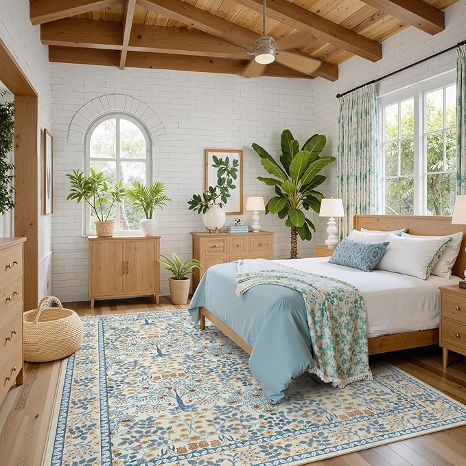 8x10 Area Rugs Living Room Rug - Floral Vintage Forest Washable Carpet, Low Pile Non-Slip Stain Resistance Boho Soft Large Carpet for Bedroom, Dining Room, Office, Farmhouse (8'x10' Blue/Orange)
