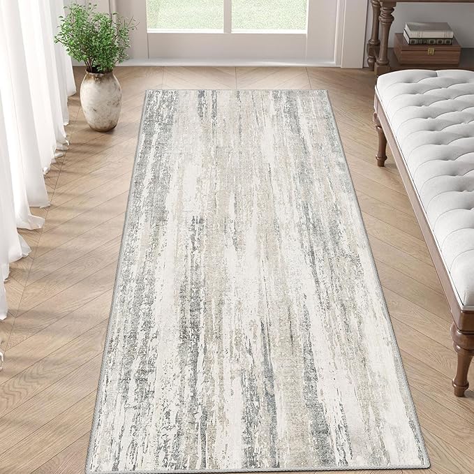 MUJOO Washable Runner Rug 2x6,Modern Abstract Area Rugs for Hallways Kitchen Bedroom Entryway Bathroom Laundry,Non Slip Carpet Long Mat Indoor,Low Pile Throw Rug Accent Neutral Beige and Grey