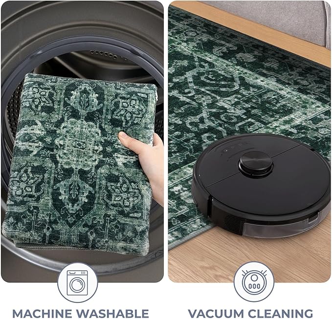 KOZYFLY Long Runners for Hallways 3x10 Ft Washable Kitchen Rug Faux Wool Printed Stair Runner Floor Carpet for Bedroom Entryway Stairs Kitchen Hall Indoor Use, Dark Green