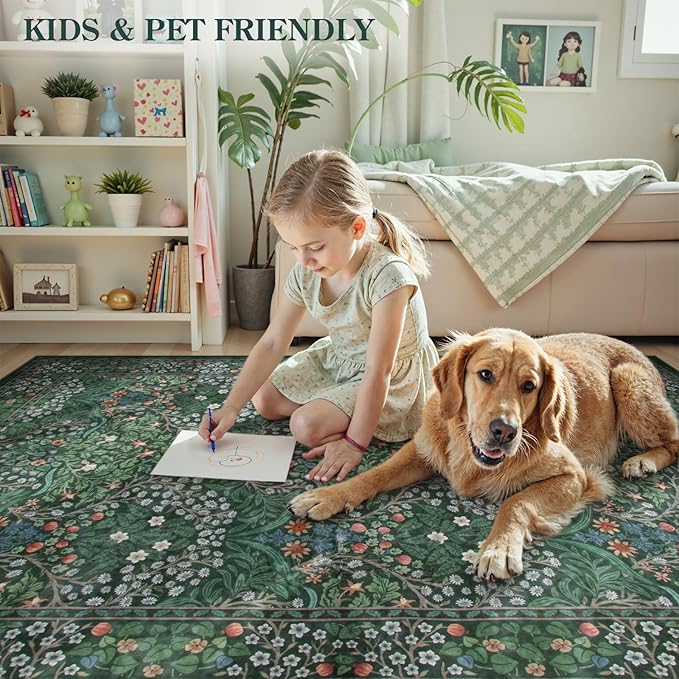Lahome Floral Washable Rug, Soft 3x5 Rugs for Bedroom Entryway Dorm, Ultra-Thin Non Slip Boho Green Rug for Living Room Stain Resistan Throw Carpet for Nursery Entrance, Dark Green