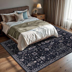 GLN Rugs Traditional Collection - Machine Washable Area Rug, Traditional Washable, Non Slip, Low Pile Chenille Rug, Living Room, Bedroom, Kitchen Rug (4' x 6' Black)