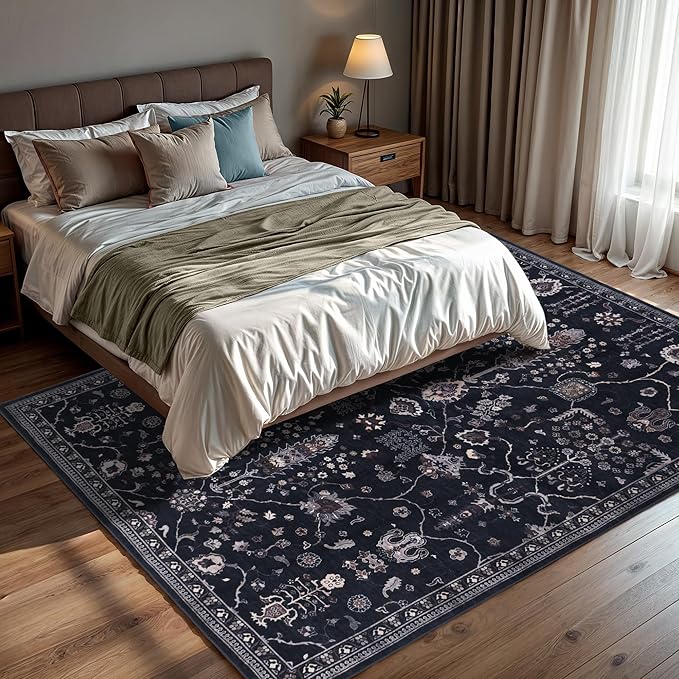 GLN Rugs Traditional Collection - Machine Washable Area Rug, Traditional Washable, Non Slip, Low Pile Chenille Rug, Living Room, Bedroom, Kitchen Rug (8' x 10' Black)