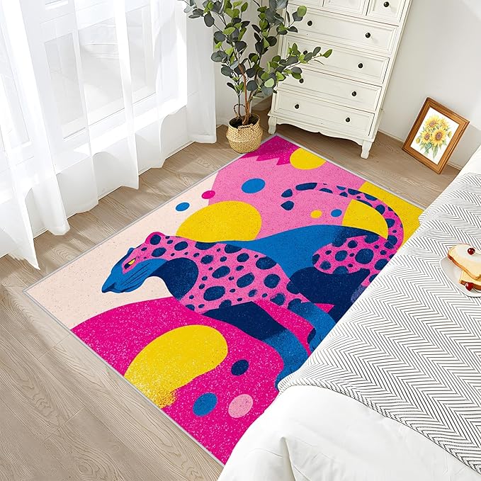 Leopard Rug 3x5 - Colorful Abstract Geometric Animal Pop Art Rugs for Bedroom Non Slip Low Pile Machine Washable Area Rugs for Living Room Kitchen, Leopard Carpet House Decor & Gifts