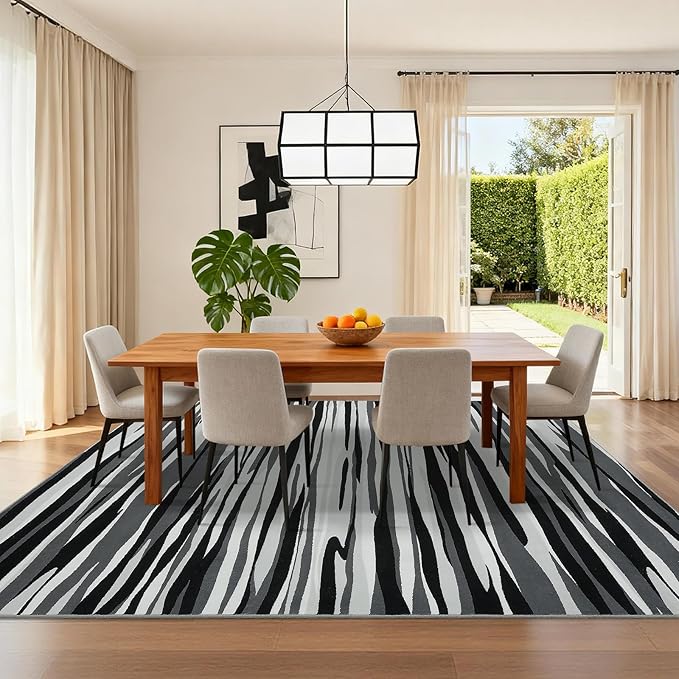 YIHOUSE 5×7 Ft Area Rugs for Living Room: Modern Abstract Black Grey and White Rug - Nonslip Washable Striped Rug for Bedroom Dining Room Office Playroom Nursery Home Decor