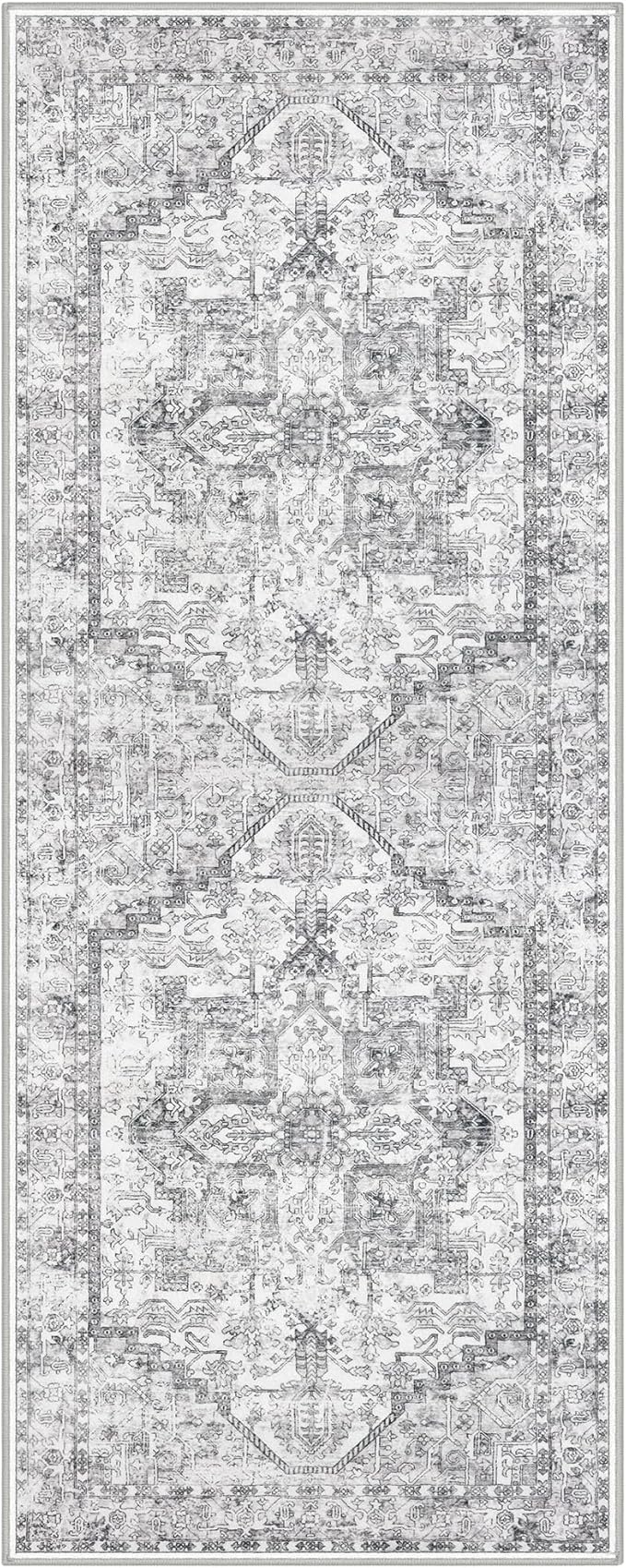 KOZYFLY Runners for Hallways 2x5 Ft Washable Kitchen Runner Rug Boho Runner Rug for Entryway Indoor Printed Oriental Faux Wool Floor Carpet Runner for Laundry Room Kitchen Hall, Gray