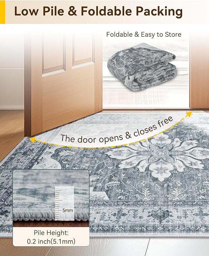 Area Rugs 2'x6' Washable Non-Slip, Floral Vintage Distress Print Pattern Medallion Carpet for Living Room Bedroom Dining Room, Light Gray Grey White