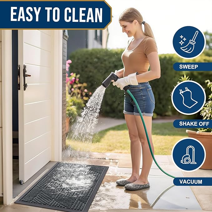 Kitinjoy Front Door Mat Outside Entrance, Sturdy Natural Dirt Trapper, Heavy Duty Rubber Doormat, Low Profile Non-Slip Backing, Easy Clean Floor Mat for Indoor Outdoor Entry, 47X23 Inch, Grey