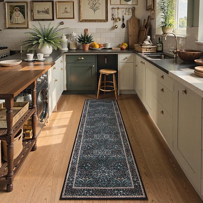 Lahome Floral Washable Kitchen Runner Rug, 2x6 Runners for Hallways Non Slip Ultra-Thin, Boho Soft Hallway Rug Forest Stain Resistance Black Carpet for Bedroom Bathroom Laundry Room, Black