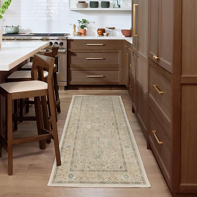 RUGGABLE Washable Vintage Runner Rug – Kamran Ivory Opal 2.5x10, Stain-Resistant, Non-Slip Hallway Runner – Machine Washable Rug for Hallway, Entryway, Living Room & Kitchen – with Standard Pad