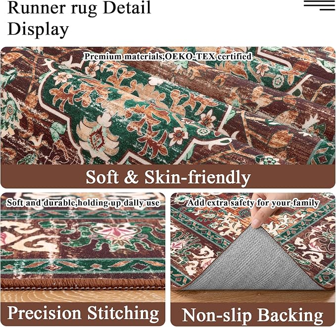 U'Artlines 3' x 12' Boho Hallway Runner Rug, Rust Non Slip Washable Vintage Farmhouse Accent Rug Carpet for Kitchen Entryway Laundry and Living Room (Rust＆Teal)