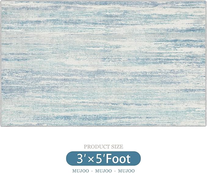 MUJOO 3x5 Rug Washable,Entryway Rug Small Area Rugs for Bedroom Living Room Kitchen Bathroom,Modern Abstract Non Slip Carpet,Indoor Entry Mat,Low Pile Throw Rug Accent Blue