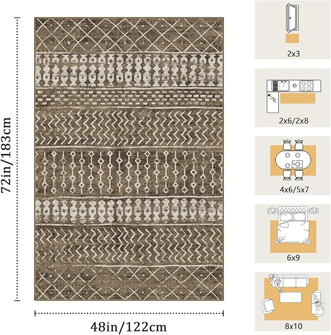 4x6 Machine Washable Area Rug for Living Room, Brown Vintage Moroccan Rug Large Non-Slip Low Pile Soft Faux Wool Carpet, Kids and Pets Friendly for Bedroom Dining Room Farmhouse Home Decor Rug