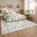 GarveeHome Washable Area Rug 9 x 12 for Living Room, Non-Slip Soft Vintage Rug, Low Pile Farmhouse Floral Carpet, Non-Shedding Indoor Foldable Printed Rugs for Bedroom, Green
