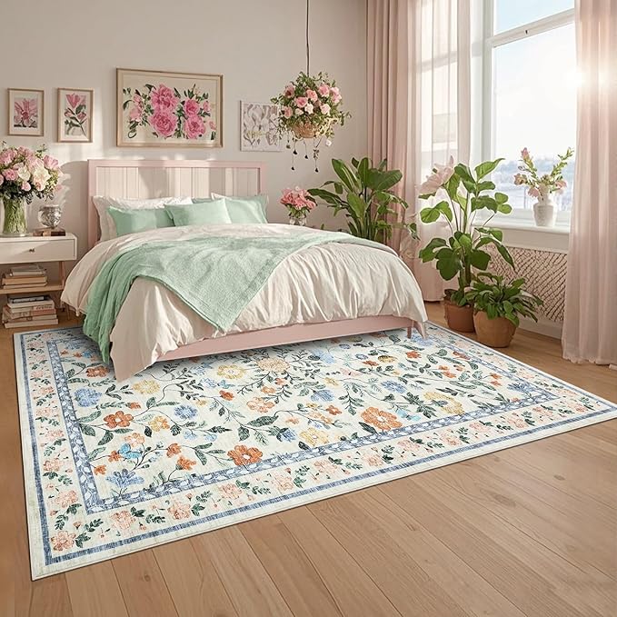 GarveeHome Washable Area Rug 9 x 12 for Living Room, Non-Slip Soft Vintage Rug, Low Pile Farmhouse Floral Carpet, Non-Shedding Indoor Foldable Printed Rugs for Bedroom, Green