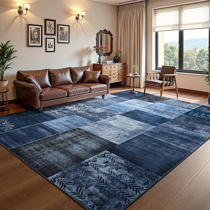 DweIke Washable Area Rugs for Living Room, 5x7 Soft Bedroom Rugs, Geometric Print Non-Slip Modern Rug, Stain Resistant Throw Carpets for Office Nursery Dining Room Home Dorm Decor, Navy Blue