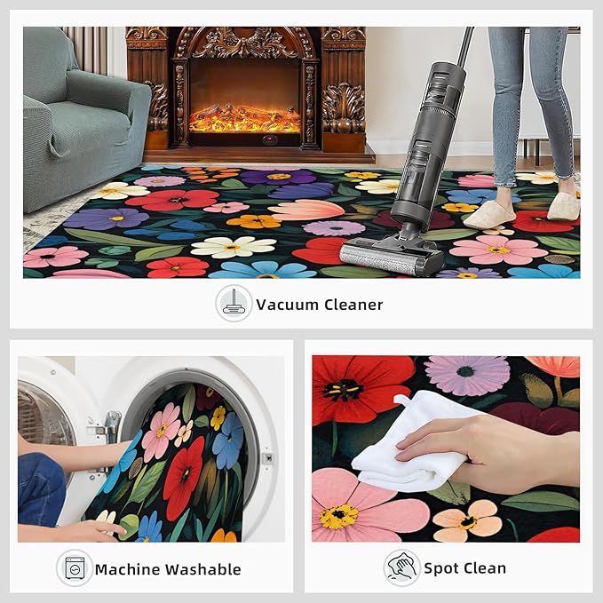 Boho Flowers Rugs for Bedroom - 5x7 Area Rug - Cartoon Flowers Rugs for Living Room, Abstract 3D Floral Rug, Non-Slip Washable Home Decor Carpet