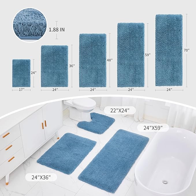 Blue Bathroom Rug 24x36 Non Slip Fluffy Bath Mat for Bathroom Floor Washable Plush Luxury Bath Rug for Tub Soft Shaggy Absorbent Shower Sink Mat
