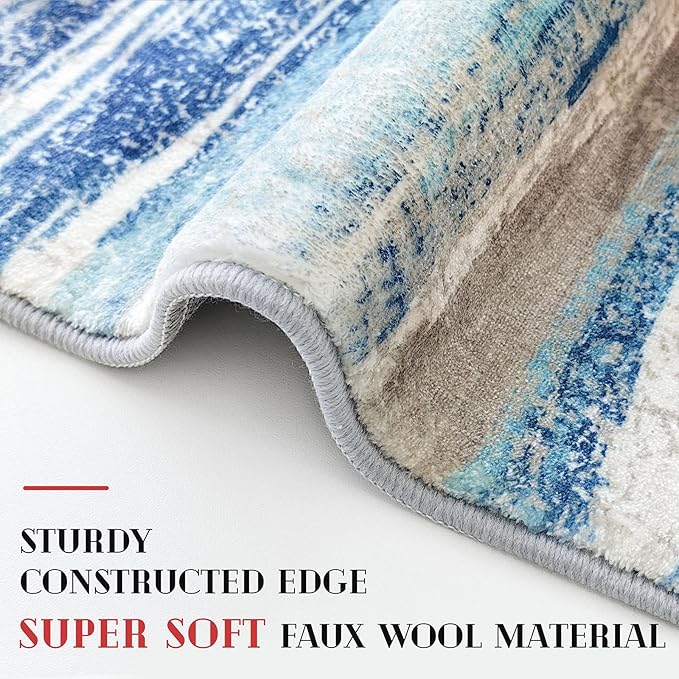 Modern Abstract Runner Rug 2.6x12, Blue Washable Long Kitchen Runner Non-Slip Soft Hallway Rug Runner Thin Print Faux Wool Carpet for Entryway Bedroom Laundry Room Indoor Home Decor