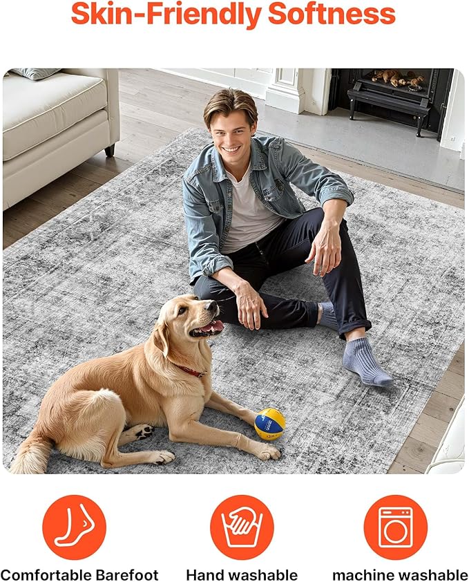 VEVOR 6 x 9 ft Area Rug Large Washable Boho Rug Non-Slip and Tear-Resistant Soft Carpet Pet & Child Friendly Bohemian Area Rugs Indoor Mat for Bedroom Living Room Kids Room Entryway Gray
