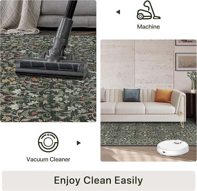 Bavni 8x10 Area Rugs for Living Room, Floral Rug Machine Washable Non Slip, Vintage Boho Forest Carpet, Soft Low Pile Thin Lightweight Rugs for Bedroom, Farmhouse, Dining Room Office, Emerald Green