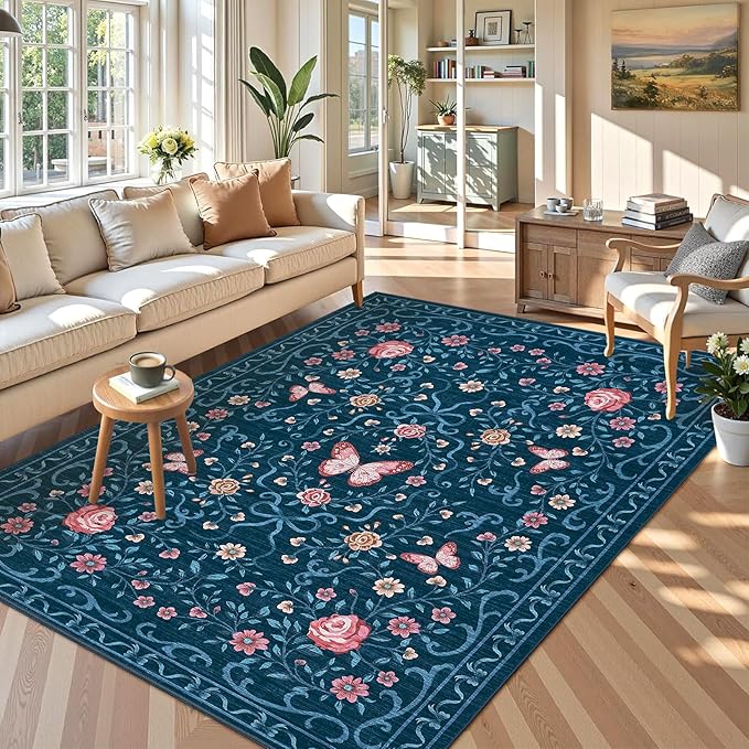 GarveeHome Area Rugs 9x12 Living Room Floral Rugs Non Slip Washable Large Bedroom Throw Carpet Stain Resistant Low Pile Blue Bow Rugs Soft Boho Bow and Flower Carpets for Nursery Home Decor, 9x12