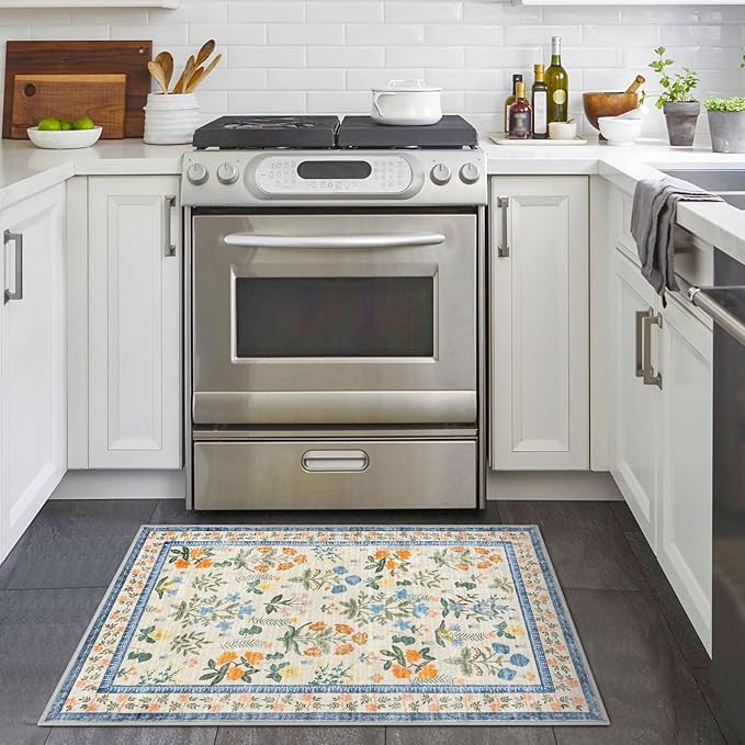 Boho Entryway Rug 2x3 Washable, Garden Yellow-Green Floral Kitchen Rug, Super Thin Faux Wool Small Area Rug, Non-Slip Soft Carpet for Foyer, Bedroom, Office