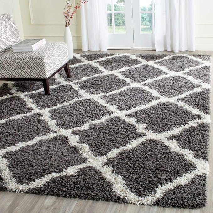 SAFAVIEH Dallas Shag Collection Area Rug - 8' Square, Dark Grey & Ivory, Trellis Design, Non-Shedding & Easy Care, 1.5-inch Thick Ideal for High Traffic Areas in Living Room, Bedroom (SGD257A)