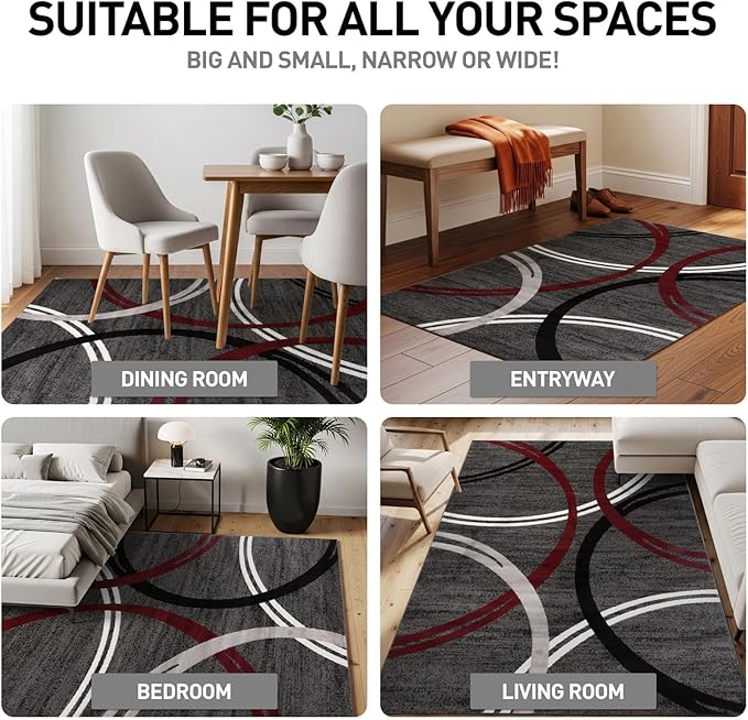 Rugshop Modern Wavy Circles Design Non-Shedding Area Rug, Carpet for Living Room or Dining Room, Grand Room,Open Spaces Red, 8'8" x 12'