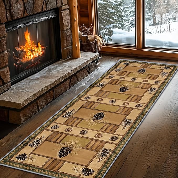 Pinecone Runner Rug, 2x6ft Rustic Country Style Hallway Runner Rug - Corridor & Foyer Area Rugs, Washable Non-Slip Mat, Country Home Decor Carpet for Indoor Living Room Hallway Spaces