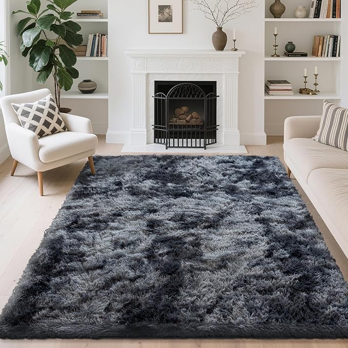 5x7 Area Rugs for Living Room Bedroom, Soft Fluffy Shaggy Bedside Rug, Indoor Floor Carpet for Kids Playroom, Dorms, Nursery Rooms, Home Decor (Tie-Dyed Dark Grey 5'x7')