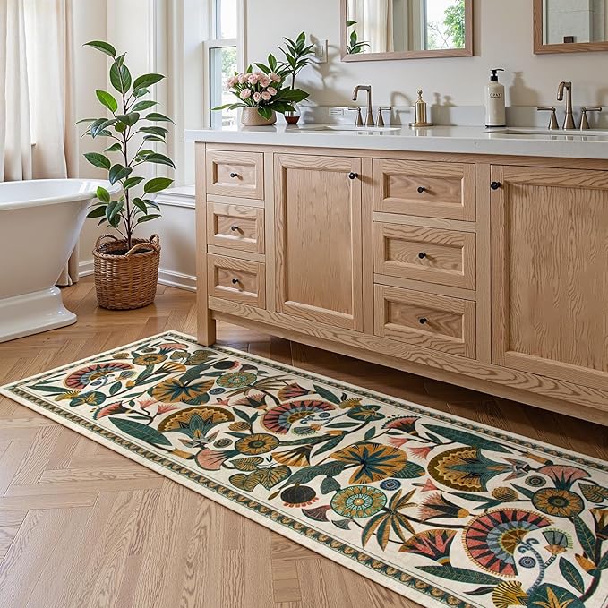 Egypt Floral Washable Bathroom Runner Rug for Kitchen Floor,2x8 Boho Rug Runners for Hallways Entryway,Vintage Non Slip Soft Throw Carpet for Laundry Room Entrance (Beige,2'6''x8')
