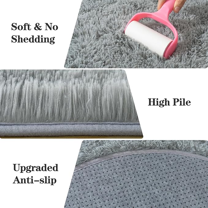 Soft Fluffy Area Rug for Bedroom, Grey Fuzzy Shaggy Oval Throw Rugs for Bedside, Non-Slip Cozy Plush Shag Carpet for Kids Room Nursery Dorm Living Room, 2.6 x 5.3 Feet