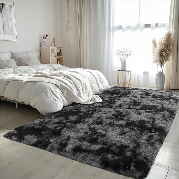 Zentavio Black and Grey Area Rugs for Living Room Large Men Room Carpet 8x10 Bedroom Fluffy Furry Shag Aesthetic Plush High Pile Floor Rug for Kids Room Dorm Home Decor Gray