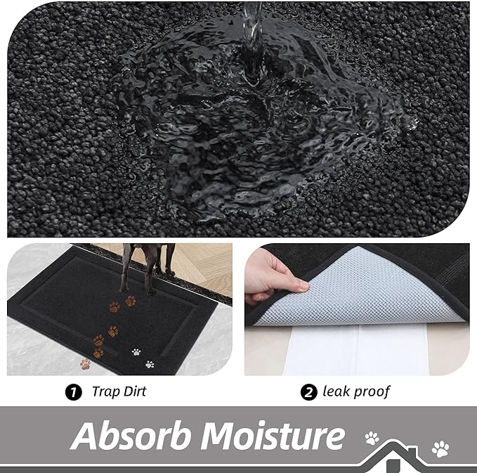 BEQHAUSE Dog Door Mat for Muddy Paws 20"x32" Dirt Trapper Absorbent Doormat Non Slip Entryway Rugs Washable Stain Resistant Welcome Floor Mat Soft Low-Profile for Front Back Door, Black