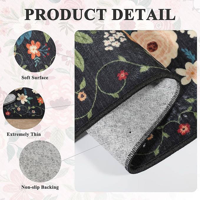 DUKINO 6x9 Area Rug, Floral Rugs for Living Room, Lightweight Non Slip Washable Indoor Low Pile & Non-Shedding Boho Design Carpet for Bedroom, Living Room, Dining Room, Black