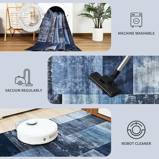 DweIke Washable Area Rugs for Living Room, 5x7 Soft Bedroom Rugs, Geometric Print Non-Slip Modern Rug, Stain Resistant Throw Carpets for Office Nursery Dining Room Home Dorm Decor, Navy Blue