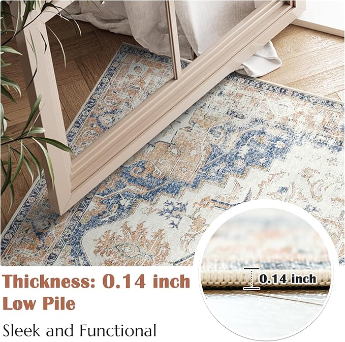 jinchan Kelda Runner Rug 3x8 Vintage Hallway Rug Washable Runner Retro Floor Cover Lightweight Non-Slip Low Pile Thin Distressed Carpet for Entryway Bathroom Laundry Room Bedroom Stairway Orange