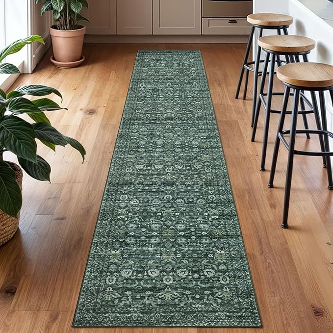 Runner Rug 2x10, Dark Green Washable Long Hallway Rug Runner Non-Slip Soft Kitchen Runner Thin Printed Faux Wool Super Soft Carpet for Entryway Bedroom Laundry Room Indoor
